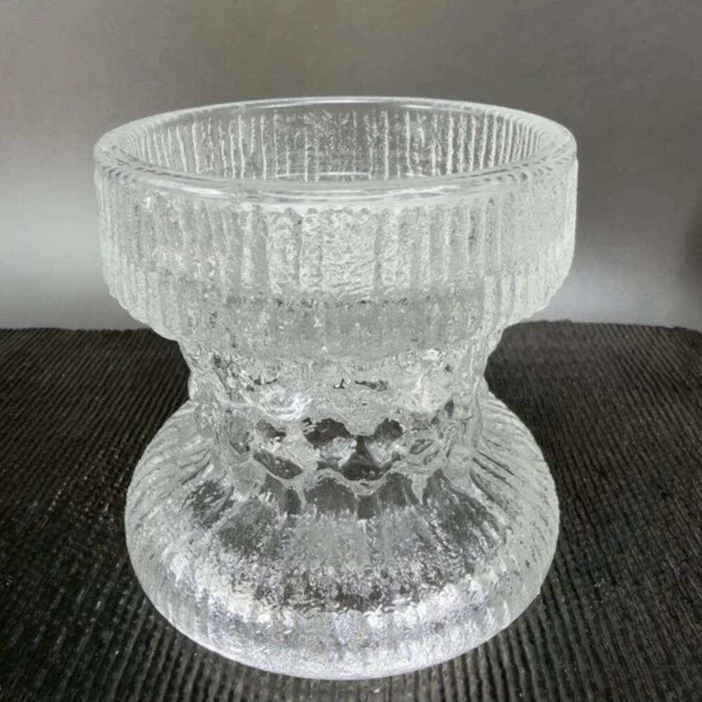 LE Smith Fjord‎ Glacial Glass Candle Holder Clear Double Sided Glass Votive VTG